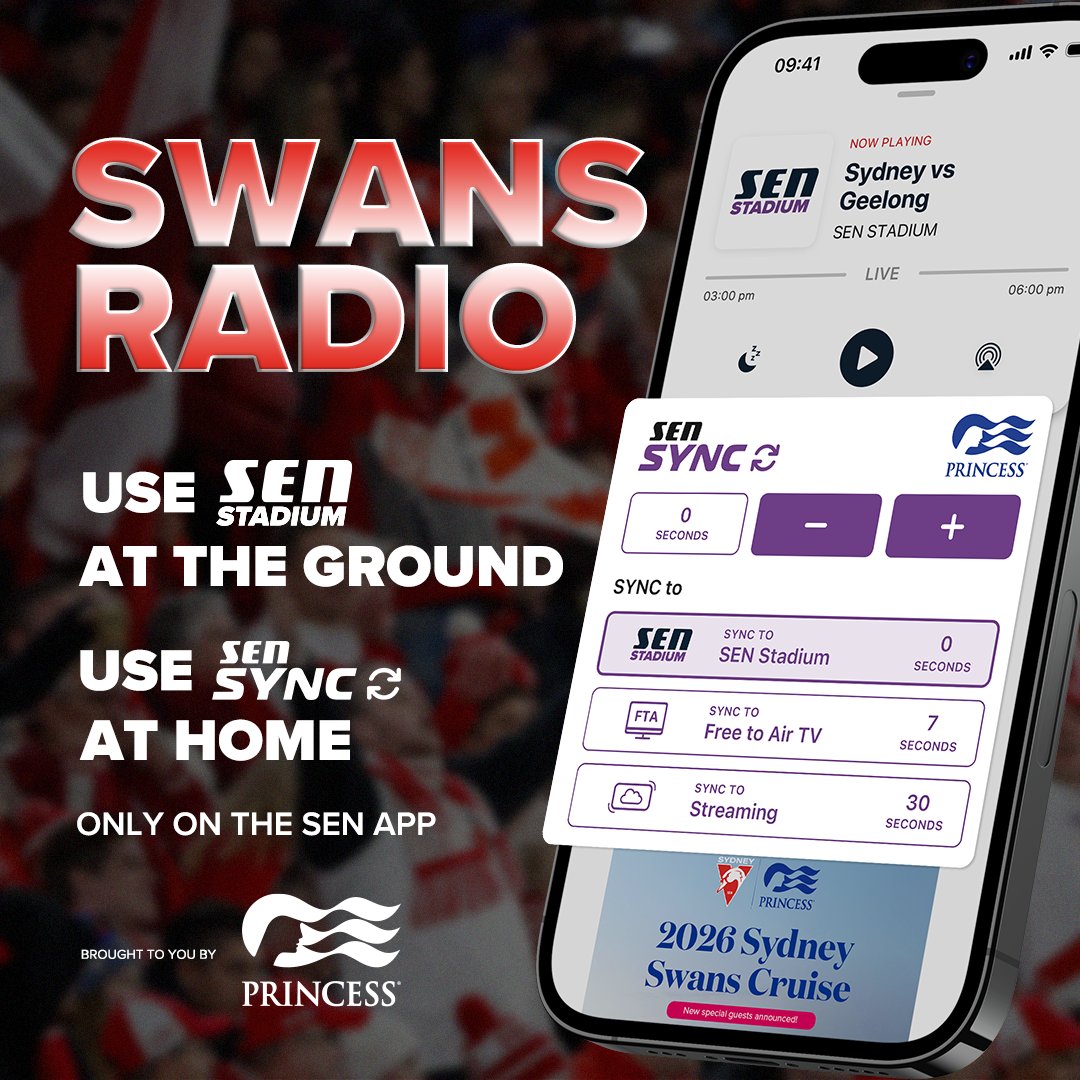 Calling all Swans fans!🦢 

Swans Radio is BACK this Sunday v Geelong.

Join <a href="/DavisNick_2/">Nick Davis</a>, Lucy McEvoy &amp; <a href="/jdonohoe12/">John Donohoe</a> for a one-eyed call of the last SCG outing of the year!

Only on the SEN app: sen.com.au/app

<a href="/PrincessCruises/">Princess Cruises</a> | <a href="/sydneyswans/">Sydney Swans</a> | #AFLSwansCats