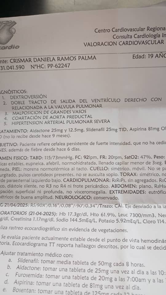 Buenas noches. Crismar tiene 19 años y tiene tres meses hospitalizada en el hospital de Barquisimeto esperando un cupo en la unidad de cuidados intensivos del hospital, para poderse operar para la extirpación de un tumor. Adicional a ello, debe correr con los gastos de los