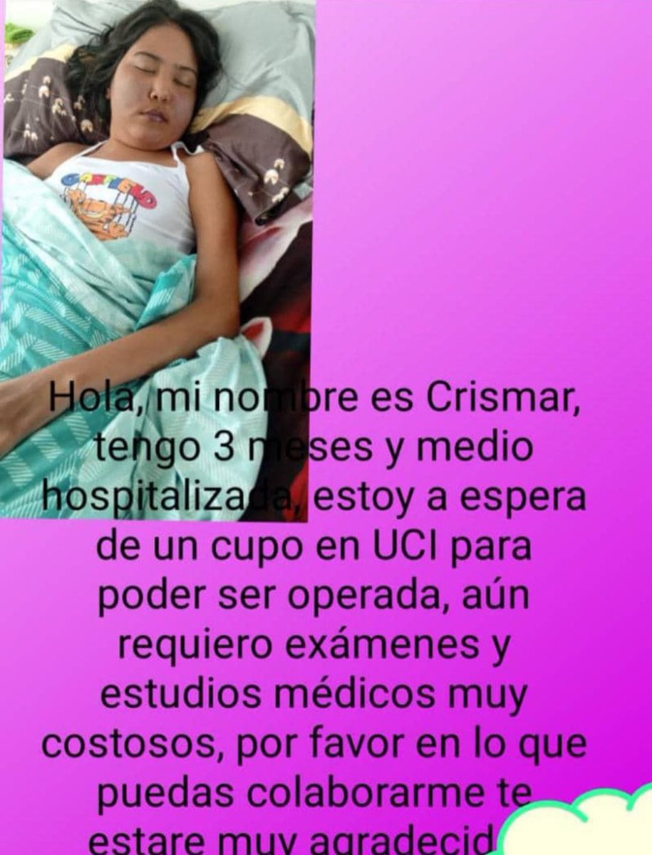 AlexaGomezDos's tweet image. Buenas noches. Crismar tiene 19 años y tiene tres meses hospitalizada en el hospital de Barquisimeto esperando un cupo en la unidad de cuidados intensivos del hospital, para poderse operar para la extirpación de un tumor. Adicional a ello, debe correr con los gastos de los…