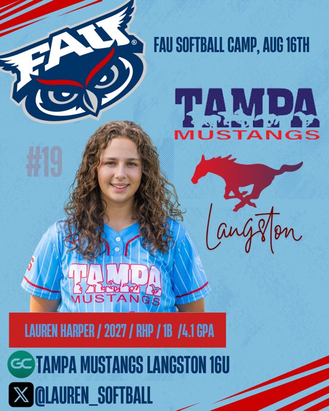 Lauren Harper (@lauren_softball) on Twitter photo I'm excited to head out to <a href="/FAUSoftball/">Florida Atlantic Softball</a> this Saturday for the Top 30 camp. See you there <a href="/CoachJordanSB/">Jordan Clark</a> <a href="/newmz4/">Nicole Newman</a> <a href="/CoachPetikS/">Shelby Petik</a>
<a href="/tampamustangs08/">Tampa Mustangs 08</a> <a href="/arw0099/">Coach Armand</a> <a href="/jodi7us/">Jodi Bayles</a> <a href="/TampaMustangs/">Tampa Mustangs</a> I'm excited to head out to <a href="/FAUSoftball/">Florida Atlantic Softball</a> this Saturday for the Top 30 camp. See you there <a href="/CoachJordanSB/">Jordan Clark</a> <a href="/newmz4/">Nicole Newman</a> <a href="/CoachPetikS/">Shelby Petik</a>
<a href="/tampamustangs08/">Tampa Mustangs 08</a> <a href="/arw0099/">Coach Armand</a> <a href="/jodi7us/">Jodi Bayles</a> <a href="/TampaMustangs/">Tampa Mustangs</a>