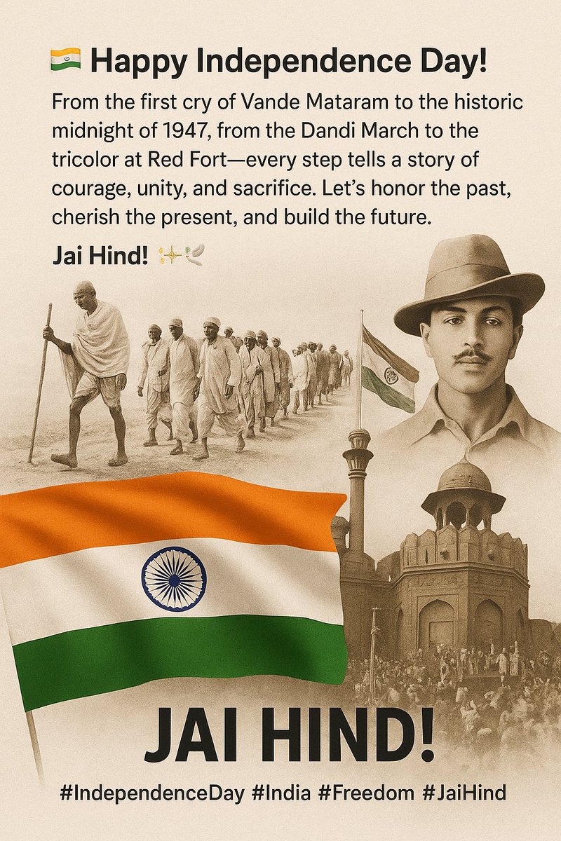 Happy Independence Day!
Today, we salute the courage of our freedom fighters, honor the sacrifices that built our nation, and commit to shaping a brighter tomorrow.
Let’s carry the tricolor in our hearts every day.
Jai Hind! ✨🕊️

#IndependenceDay #JaiHind #ProudIndian