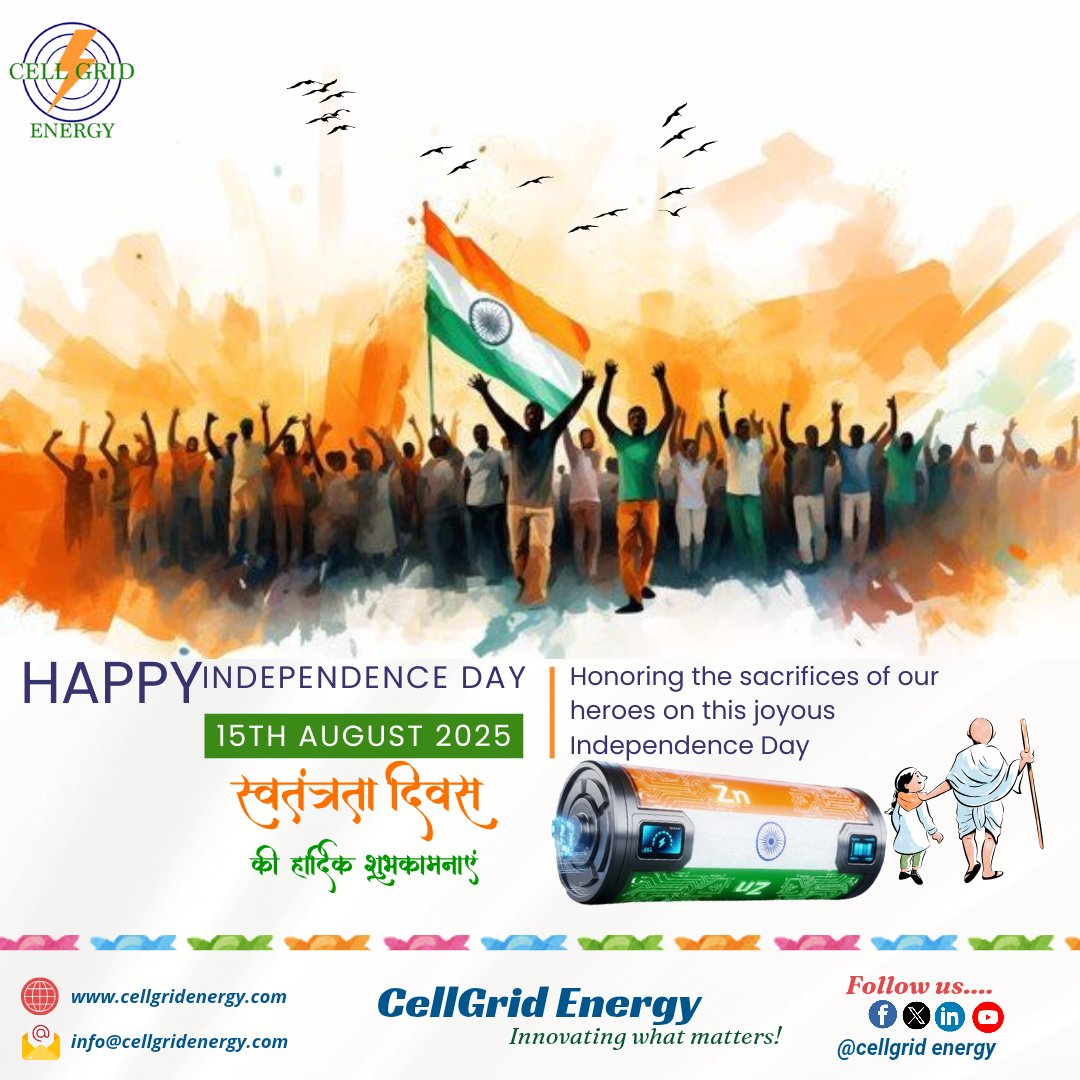 Cell_Grid's tweet image. This Independence Day, we honor our heroes by carrying their dream forward — a self-reliant India powered and protected by our own stored energy.
#HappyIndependenceDay #स्वतंत्रतादिवस2025 #IndependenceDay #IndependenceDayIndia
