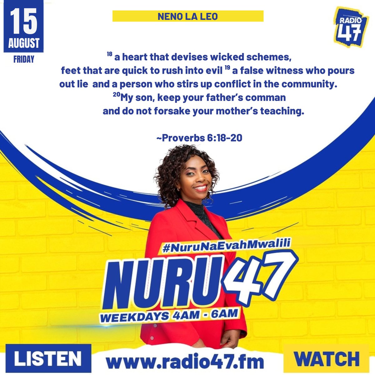 #Neno..MTU MBAYA ATAANGAMIZWA! Methali 6:18-20...
Ukiwa mtu mwovu na mbaya, mtu wa kuzungusha maneno ya upotovu moyo wako unajawa na udanganyifu, fitina. Heri ukae mbali na tabia zinazomchukiza Mungu ili upate baraka na amani. Tukutane Galilaya! #NuruNaEvahMwalili