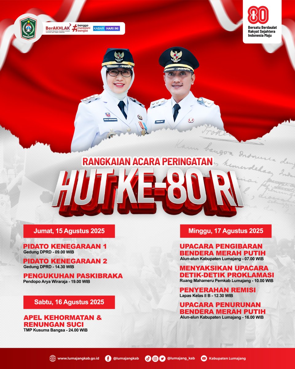 ❤️🇮🇩 Bersatu Berdaulat, Rakyat Sejahtera, Indonesia Maju!

Yuk #SobatLumajang, rayakan 80 Tahun RI dengan hadir di rangkaian acara kemerdekaan 15–17 Agustus 2025. Catat tanggalnya &amp; mari kobarkan semangat merah putih!

#HUT80RI #LumajangTangguh #IndonesiaMaju