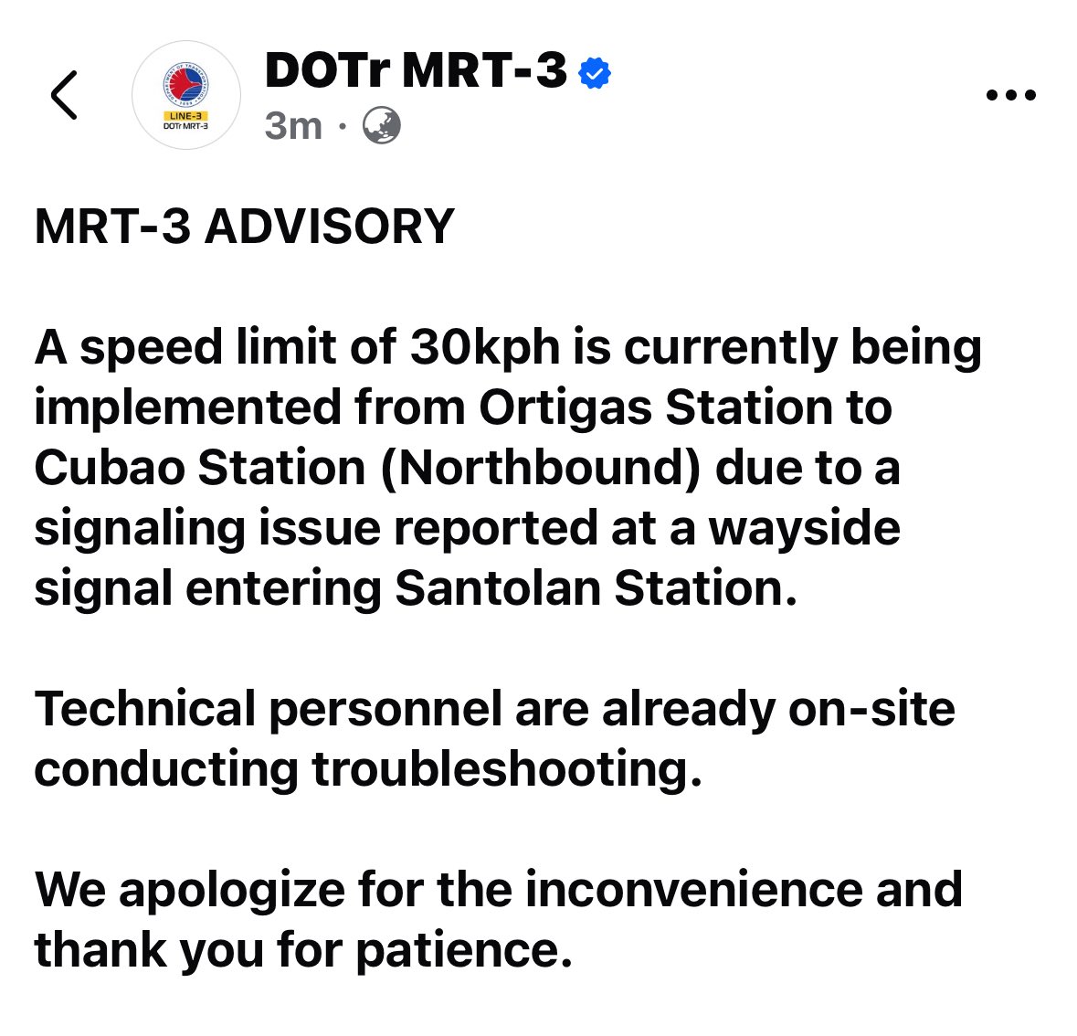 Binagalan sa 30kph ang biyahe ng MRT-3 mula Ortigas Station hanggang Cubao Station dahil sa signaling issue. <a href="/ABSCBNNews/">ABS-CBN News</a>