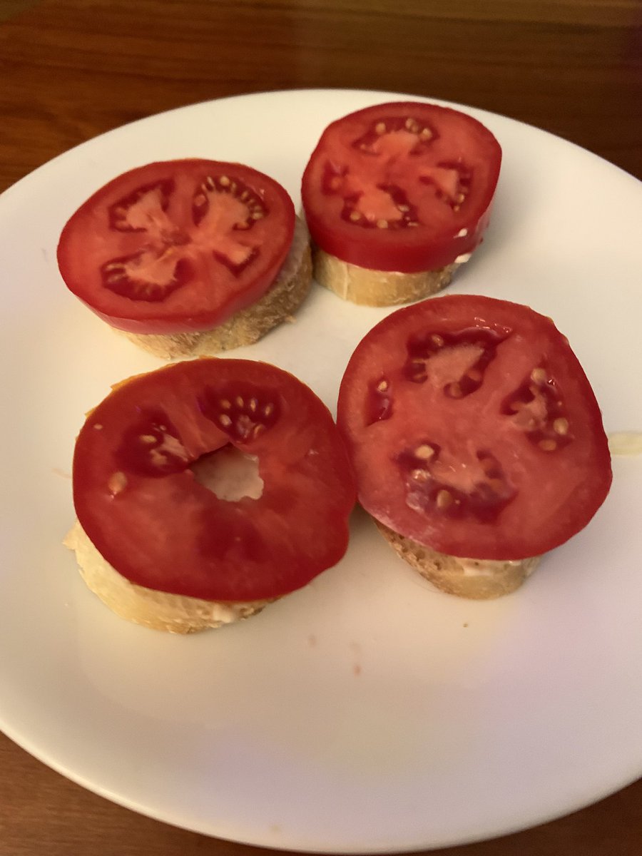 After a full day of mowing the yards, weeding, laundry, quickie cleaning and packing for my trip to the U.P. tomorrow, I’m too hot and tired to cook. Soooo, a cold supper of baguette, dab of mayo and fresh garden tomato it is! Nothing is better than that!! G’nite gang! 🌜☁️✨