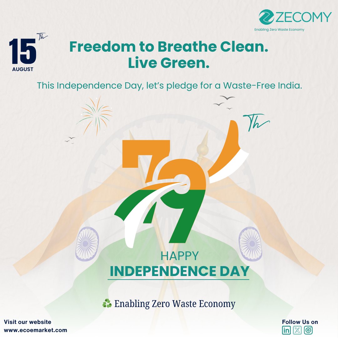 zecomy66817's tweet photo. 🇮🇳 79 years of freedom.
Now, let’s give our nation freedom from waste &amp; pollution. 🌱
Zecomy — Enabling a Zero Waste Economy.

#IndependenceDay #ZeroWaste #SustainableIndia #Zecomy https://t.co/qwxgD5cqLC