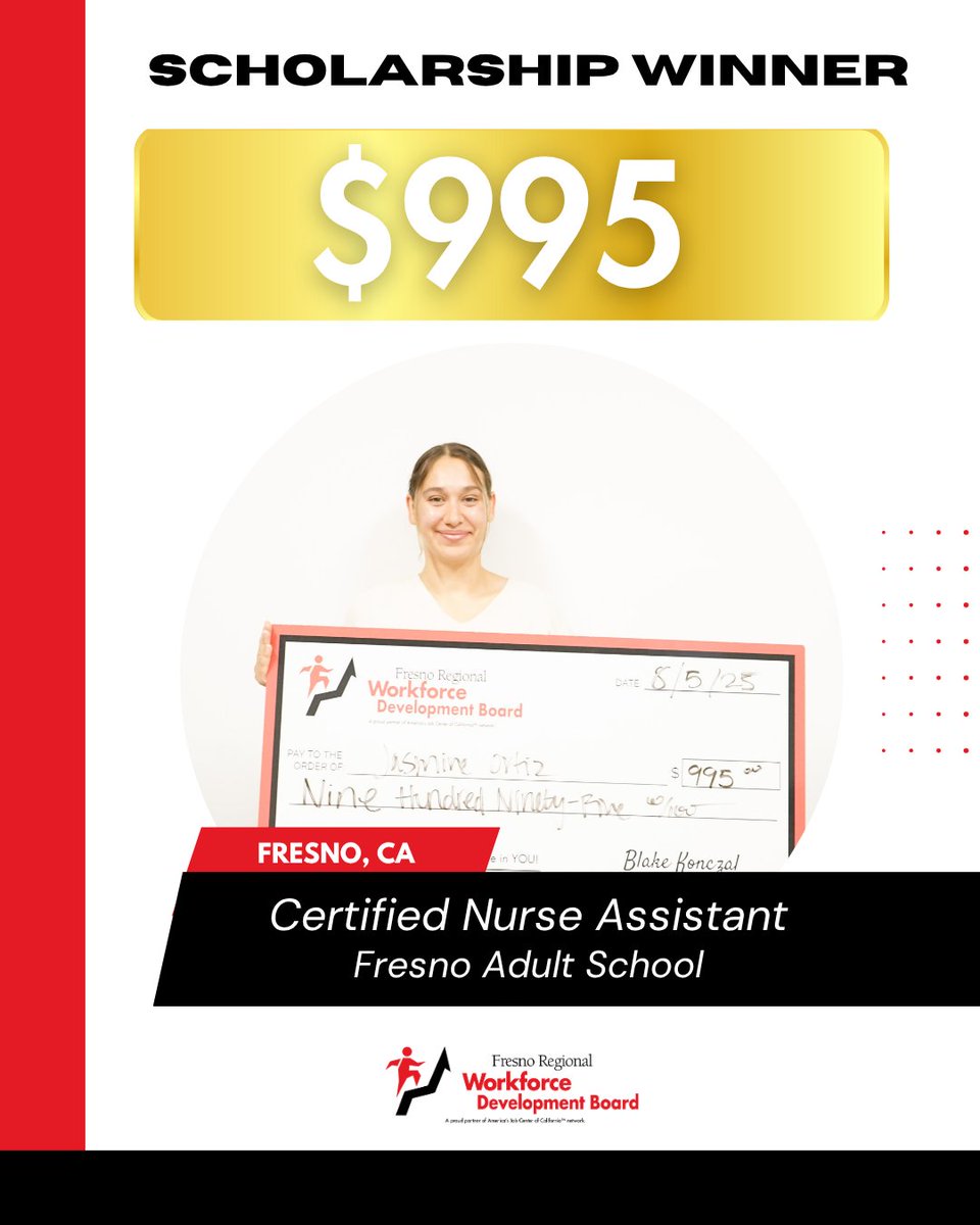 🎉 Congrats to Jasmine Ortiz from Fresno, CA!
She’s received a $995 scholarship to become a Certified Nurse Assistant at Fresno Adult School! 🩺📘Wishing you all the best as you begin your career in healthcare! 👏

#ScholarshipWinner #CNA #FresnoAdultSchool #FRWDB
