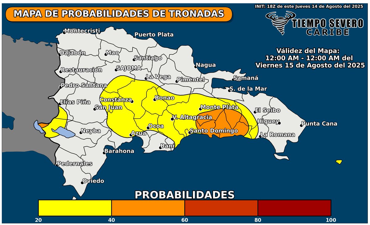 Algo de probabilidades de tronadas para este viernes sobre o cerca de algunas localidades de las regiones sur, sureste, este interior y centro entre las 01-08 PM.