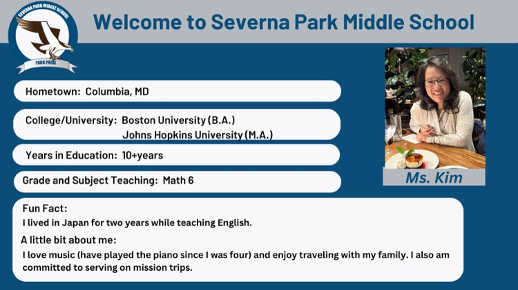 Please help us welcome Ms. Kim to her new role at Severna Park Middle School!  #ParkPRIDE #BelongGrowSucceed