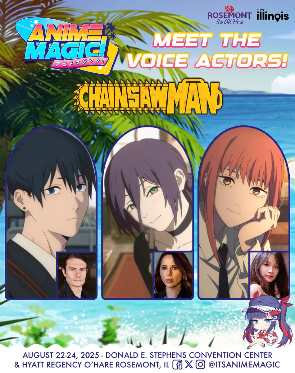 Before you see the Chainsaw Man movie, come see the stars! 🌟 Meet the voices of Aki, Reze, and Makima, <a href="/ReaganMurdockVO/">Reagan Murdock</a>, <a href="/AlexisTiptonVA/">Alexis Tipton</a>, and <a href="/SuzieYeung/">Suzie Yeung 😶‍🌫️🌸</a> !

animemagic.org/badges