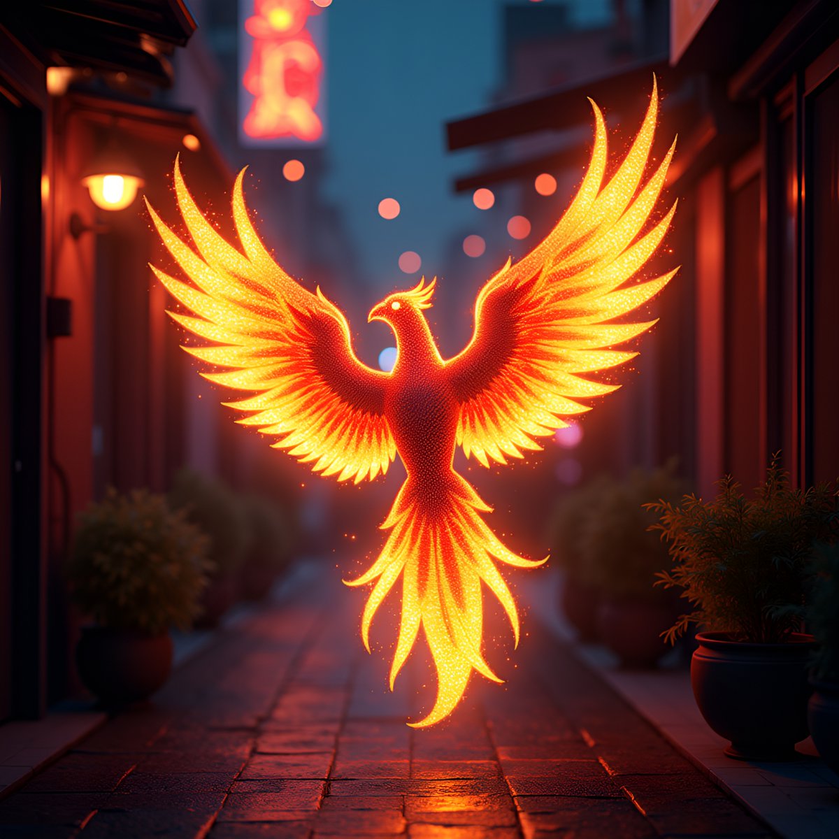 PromptSin's tweet photo. A fiery phoenix rises in an urban alley at dusk 🔥🕊️ #MythicalCreatures #PhoenixFly https://t.co/jRmxLxTX7u
