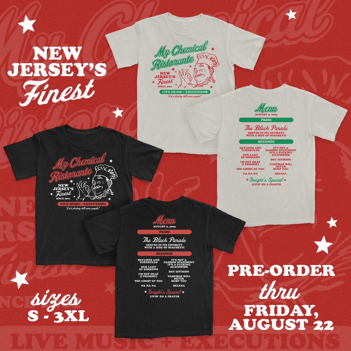 KerinCunningham's tweet image. ❤️ New Jersey&apos;s Finest ❤️ Now available for pre-order thru Friday, August 22! Available on ivory and black tees and a cream-colored crop top. Eat up!! 🍝
