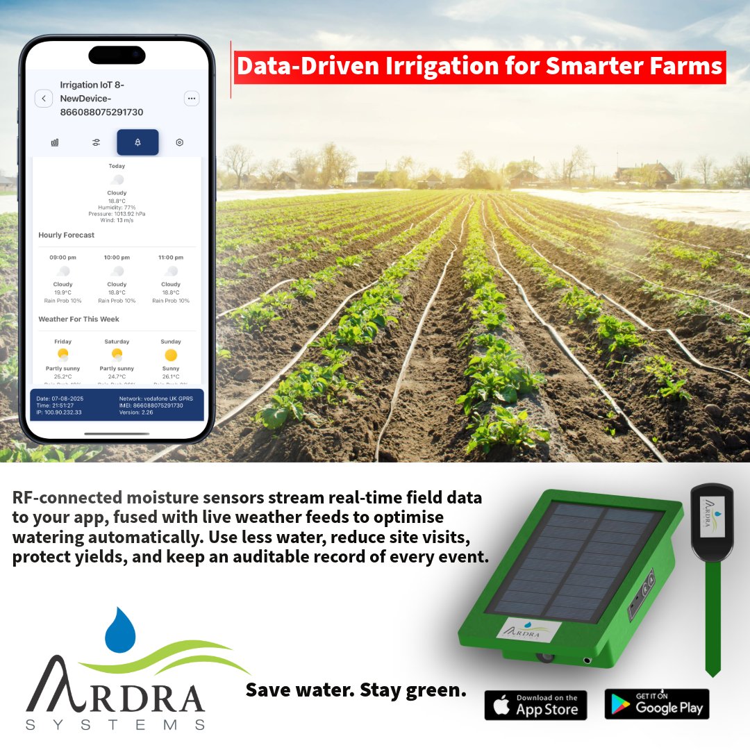 🌾📡💧 Data-driven irrigation for smarter farms  RF-connected moisture sensors stream real-time field data to your app, combined with live weather feeds to optimise watering. Save water, reduce site visits, protect yields, and keep a full audit trail. #SmartIrrigation #WaterSmart