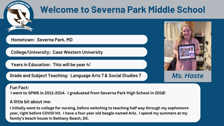 Please help us welcome Ms. Haste to Severna Park Middle School!  #ParkPRIDE #BelongGrowSucceed