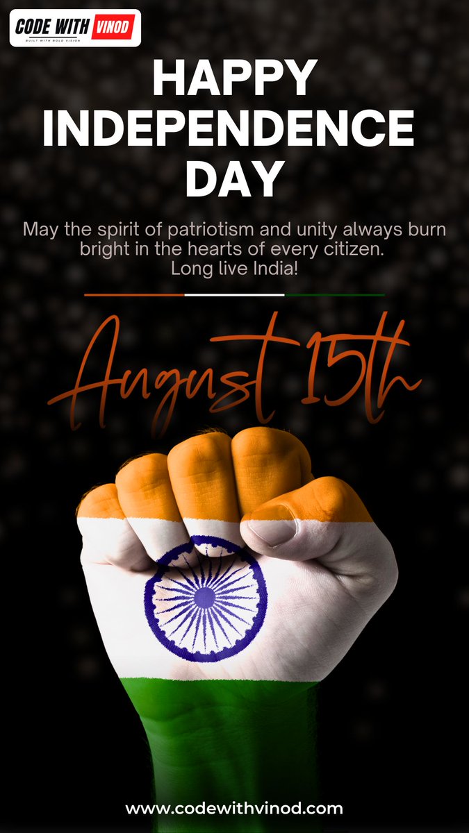 codewithvinod's tweet image. Happy Independence Day to All 🇮🇳🇮🇳🇮🇳🇮🇳🇮🇳
#79thIndependenceDay #codewithvinod