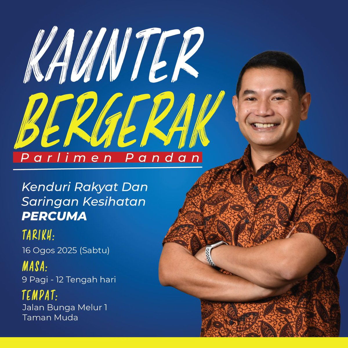 rafiziramli's tweet photo. 𝗞𝗔𝗨𝗡𝗧𝗘𝗥 𝗕𝗘𝗥𝗚𝗘𝗥𝗔𝗞 𝗣𝗔𝗥𝗟𝗜𝗠𝗘𝗡 𝗣𝗔𝗡𝗗𝗔𝗡 | 𝟭𝟲 𝗢𝗚𝗢𝗦 𝟮𝟬𝟮𝟱, 𝗦𝗔𝗕𝗧𝗨

Siri Kaunter Bergerak Parlimen Pandan diteruskan seperti biasa Sabtu ini.

Kali ini, Pusat Khidmat Parlimen Pandan kembali ke Taman Muda. Berada di sebelah kawasan Pasar Pagi Taman Muda memberi saya peluang untuk berjumpa lebih ramai masyarakat Pandan memandangkan pasar ini cukup sibuk pada waktu pagi.

Kaunter Bergerak Parlimen Pandan akan diadakan seperti ketetapan berikut:

𝗧𝗮𝗿𝗶𝗸𝗵: 𝟭𝟲 𝗢𝗴𝗼𝘀 𝟮𝟬𝟮𝟱 (𝗦𝗮𝗯𝘁𝘂)
𝗠𝗮𝘀𝗮: 𝟵 𝗽𝗮𝗴𝗶 - 𝟭𝟮 𝘁𝗲𝗻𝗴𝗮𝗵 𝗵𝗮𝗿𝗶
𝗧𝗲𝗺𝗽𝗮𝘁: 𝗝𝗮𝗹𝗮𝗻 𝗕𝘂𝗻𝗴𝗮 𝗠𝗲𝗹𝘂𝗿 𝟭, 𝗧𝗮𝗺𝗮𝗻 𝗠𝘂𝗱𝗮

Kepada rakan-rakan Pandan yang ada sebarang aduan, boleh terus adukan kepada saya pada sesi ini. Mohon sebarkan kepada semua.