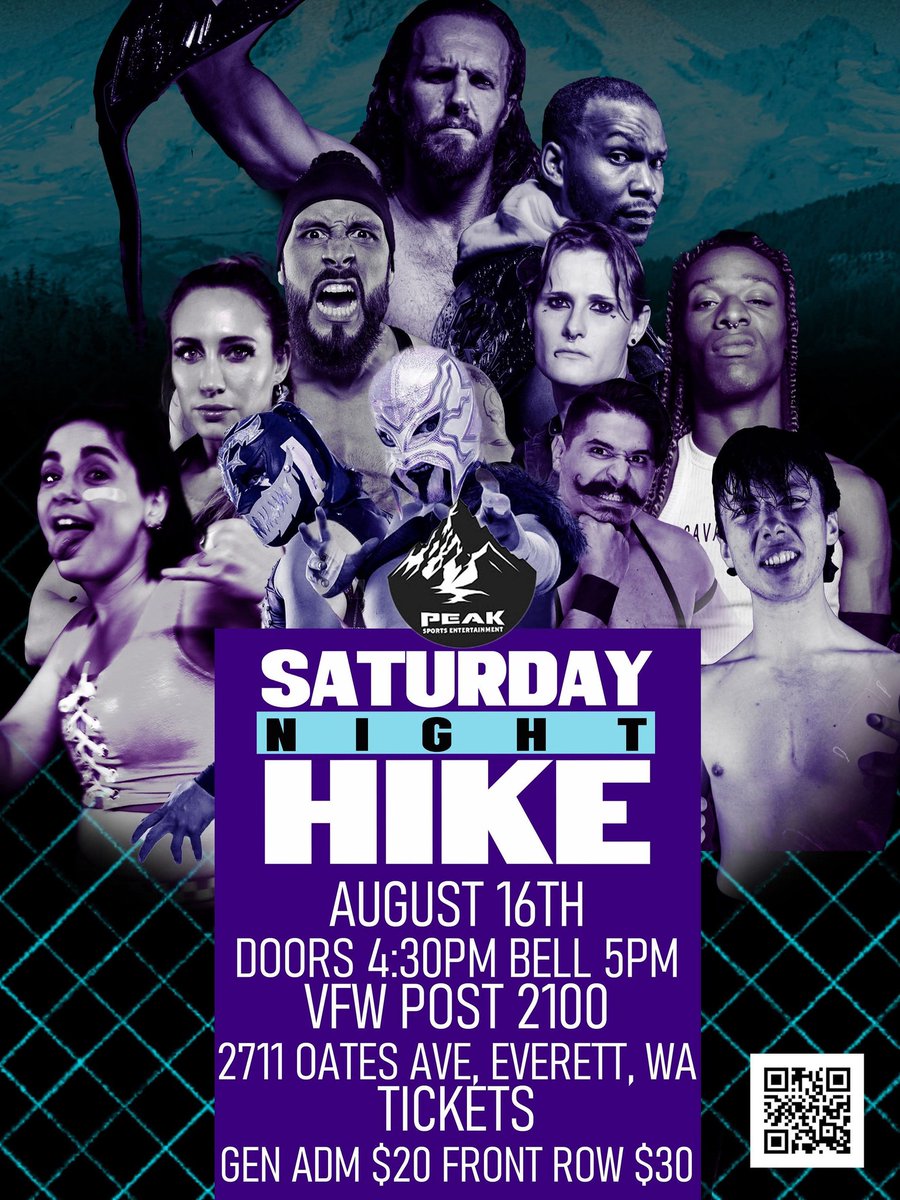 Charlie Short (@sureshotlynch) on Twitter photo This Saturday (8/16) <a href="/PeakSportsPNW/">Peak Sports Entertainment</a> returns to VFW Post 2100 in Everett, WA for "Saturday Night Hike"!
<a href="/Krisbrady23/">kristopher brady</a> & #PeakSportsPNW champion <a href="/BrianCooook/">Brian!</a> vs. <a href="/SebWolfePRO/">Sebastian Wolfe</a> & <a href="/Reallydrakekwon/">Drake, I'm too old for this shit Kwon</a>
<a href="/HLGN_NathanFoxx/">Nathan Foxx 💖💜💙</a> vs. <a href="/MaxBurnsidePNW/">Burnside Says WHOA</a> (#DRGNPLEX championship)
<a href="/ebklucylux/">𝔱𝔥𝔢 𝔳𝔬𝔦𝔠𝔢 𝔬𝔣 𝔳𝔦𝔬𝔩𝔢𝔫𝔠𝔢🌹</a> & This Saturday (8/16) <a href="/PeakSportsPNW/">Peak Sports Entertainment</a> returns to VFW Post 2100 in Everett, WA for "Saturday Night Hike"!
<a href="/Krisbrady23/">kristopher brady</a> & #PeakSportsPNW champion <a href="/BrianCooook/">Brian!</a> vs. <a href="/SebWolfePRO/">Sebastian Wolfe</a> & <a href="/Reallydrakekwon/">Drake, I'm too old for this shit Kwon</a>
<a href="/HLGN_NathanFoxx/">Nathan Foxx 💖💜💙</a> vs. <a href="/MaxBurnsidePNW/">Burnside Says WHOA</a> (#DRGNPLEX championship)
<a href="/ebklucylux/">𝔱𝔥𝔢 𝔳𝔬𝔦𝔠𝔢 𝔬𝔣 𝔳𝔦𝔬𝔩𝔢𝔫𝔠𝔢🌹</a> &