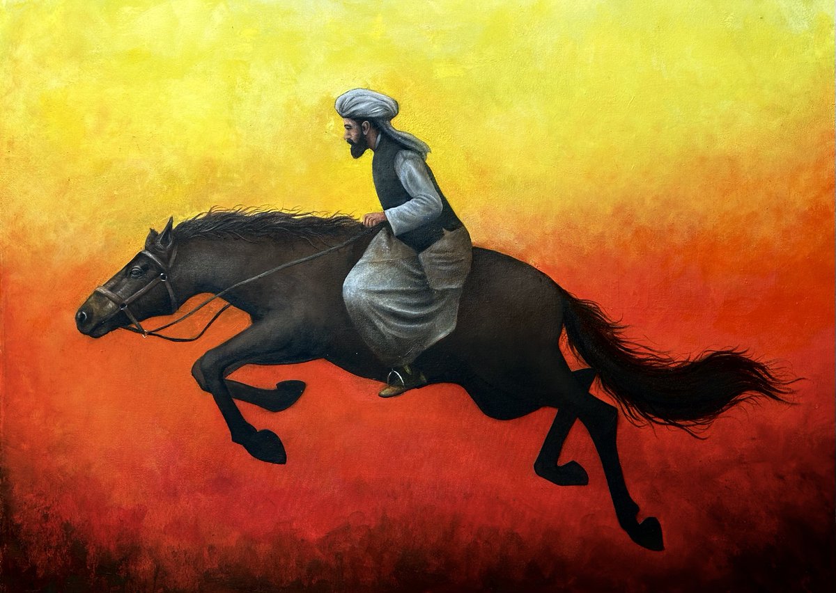 Title: A timeless Gallop
Medium: oil on canvas 
Size: 4 feet by 3.5 feet
SOLD 🔴
#BalochCulture #BalochArt #TraditionalArt #HorsePainting #SunsetVibes #TribalArt #AcrylicPainting #CulturalHeritage #GallopingHorse #artistonınstagram.