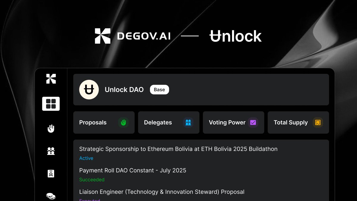 🔓 Exciting news! DeGov.AI now supports <a href="/UnlockProtocol/">Ʉnlock Protocol</a> governance!   

Explore at unlock.degov.ai  <a href="/stellaachenbach/">stellaachenbach 👉 Steward Unlock DAO</a>  <a href="/Trigs_0/">Trigs</a> 

Unlock Protocol community can now leverage Agent-powered governance tools to:  
✨ Streamline proposal analysis 
🤖 Get