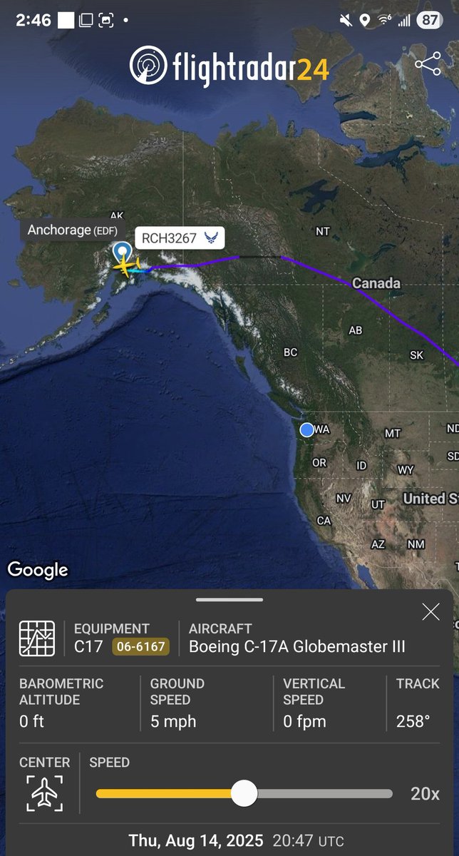 Borrowed7Time's tweet photo. USAF C-17A x3 arriving at Elmendorf AFB AK. Support aircraft from JB Andrews for POTUS visit:
09-9206 #AE49C2 RCH3212
07-7171 #AE1369 RCH3215
07-7174 #AE146C RCH4573
One add'l on ground:
06-6167 #AE1465 RCH3267
@sipjack1776 https://t.co/dcihkRTG8i