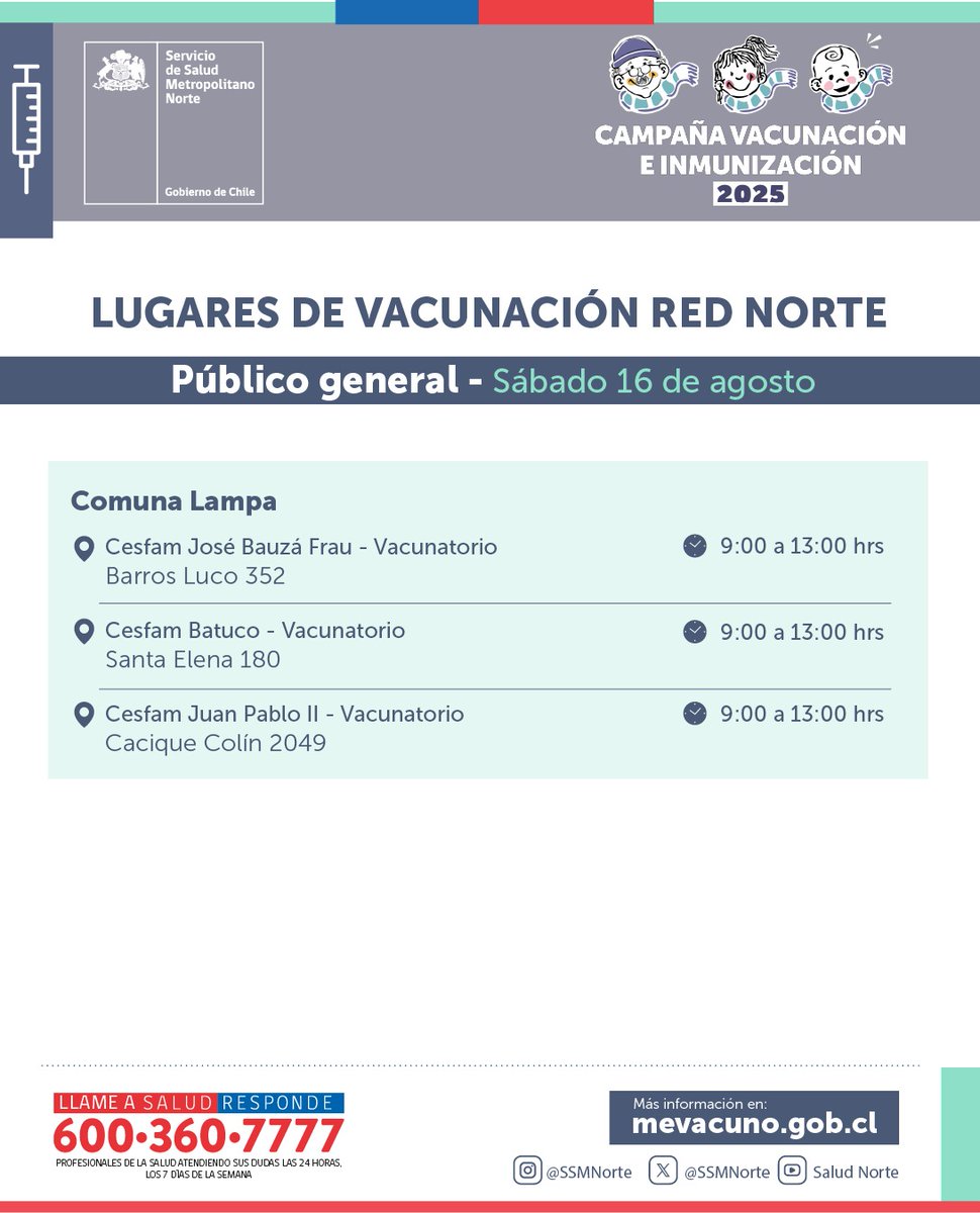 💉 ¡Este sábado 16 de agosto te esperamos!

La vacuna contra la influenza ya está disponible para toda la población general.
¿Aún no te has vacunado? ¡Es el momento de protegerte! 🏥

🔹 Revisa los puntos de vacunación disponibles en nuestra red y acércate al más cercano.