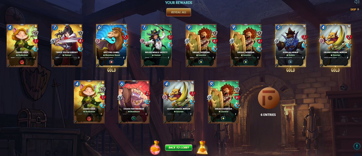 3 gold and 3 Dread from Splinterlands Frontier Format on 1 of my alts for the day... not too shabby!