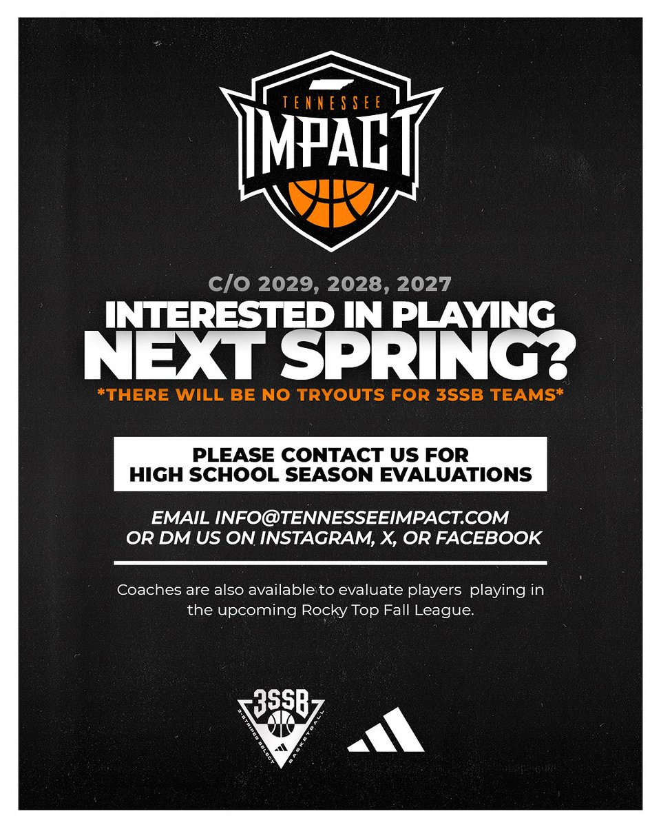 Interested in the Tennessee Impact <a href="/3SSBCircuit/">3Stripes Select Basketball</a> or National elite level teams? We will have coaches in the gyms during Fall leagues and the High School seasons. If you wish to be evaluated, please DM or email info@tennesseeimpact.com

#reptheshield #tenneseeimpact #allheart
