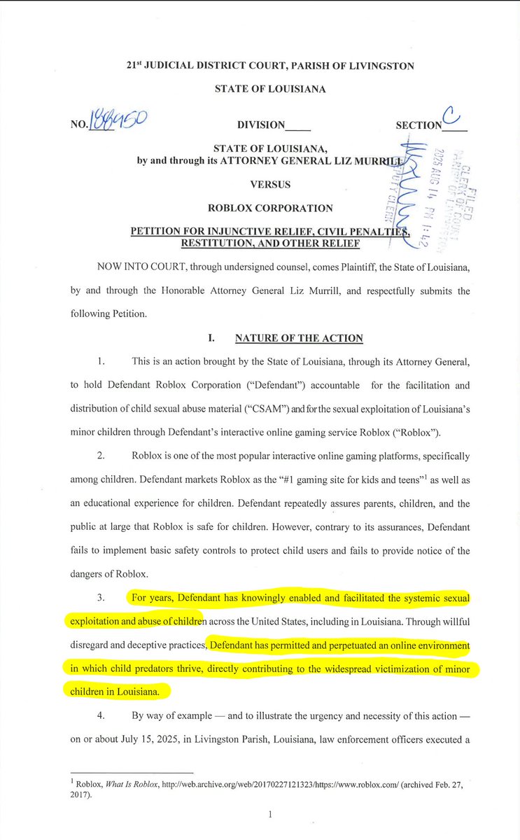 KiwiFarmsDotNet's tweet photo. Louisiana's Attorney General is SUING @Roblox $RBLX for three counts: Unfair Trade Practices, Negligence and Public Nuisance, and Unjust Enrichment, alleging that the company illegally profited by knowingly selling a sex game to children.

https://t.co/bOzNcjZW6Z https://t.co/XI5Ws0Po1N