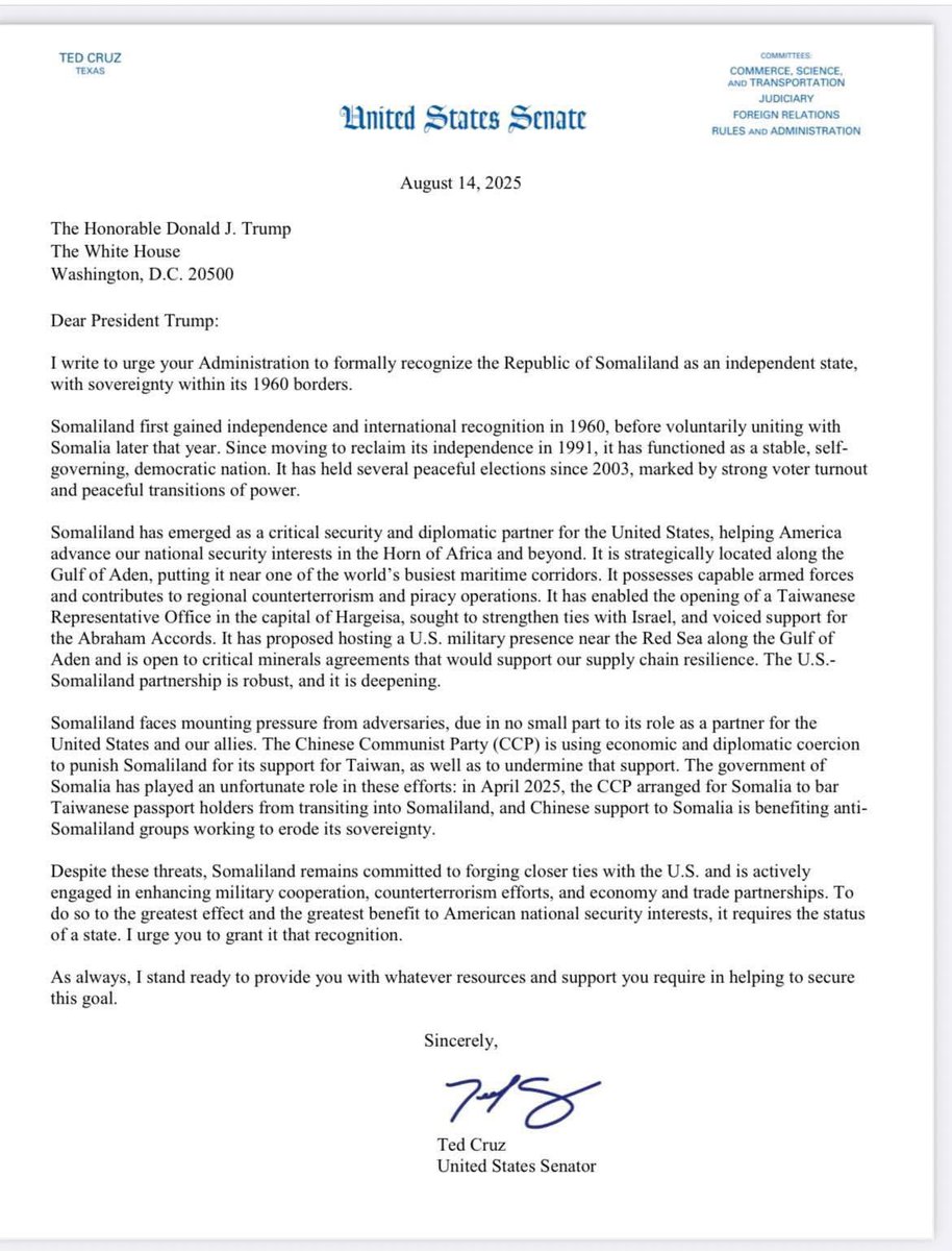 JustAidarus's tweet photo. US Senator @SenTedCruz writes to President @realDonaldTrump urging His Excellency to officially recognize the Republic of Somaliland. The US president has also hinted recently that his administration is working on this matter. 

Thanks Senator @SenTedCruz  🙏🏻🙏🏻 https://t.co/5GaJSG173k