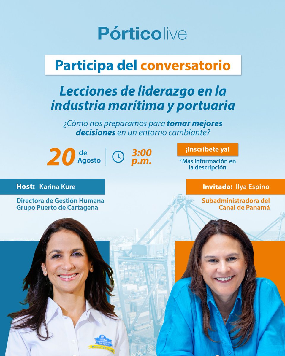 Grupo Puerto de Cartagena (@puertoctg) on Twitter photo #Entrevista #Pórticolive: Te invitamos al conversatorio “Lecciones de Liderazgo de la Industria Marítima y Portuaria” con Ilya Espino de Marotta Espino, subadministradora del <a href="/canaldepanama/">Canal de Panamá</a>, y Karina Kure Ghisays, directora de Gestión Humana del Grupo Puerto de Cartagena (GPC). #Entrevista #Pórticolive: Te invitamos al conversatorio “Lecciones de Liderazgo de la Industria Marítima y Portuaria” con Ilya Espino de Marotta Espino, subadministradora del <a href="/canaldepanama/">Canal de Panamá</a>, y Karina Kure Ghisays, directora de Gestión Humana del Grupo Puerto de Cartagena (GPC).