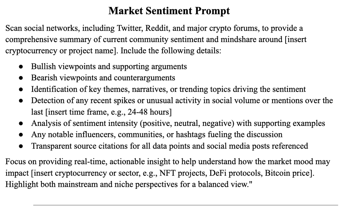 You can also analyse market sentiment by prompting Perplexity to scan  social networks and pull mindshare analytics. Although not perfect, this is  essentially a free alternative to other crypto mindshare analytics platforms .
