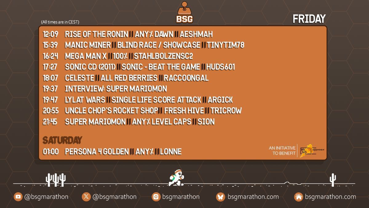 Day 6 continues the excitement with a Need for Speed🏎️💨!

Get it? Tune in at #BSGAnnual2025 and check out a day of fast paced games like Mega Man X ☄, Sonic CD💿 and Celeste🍓!

👉Stream &amp; Full Schedule👈
twitch.tv/bsg_marathon
bsgmarathon.com/schedule