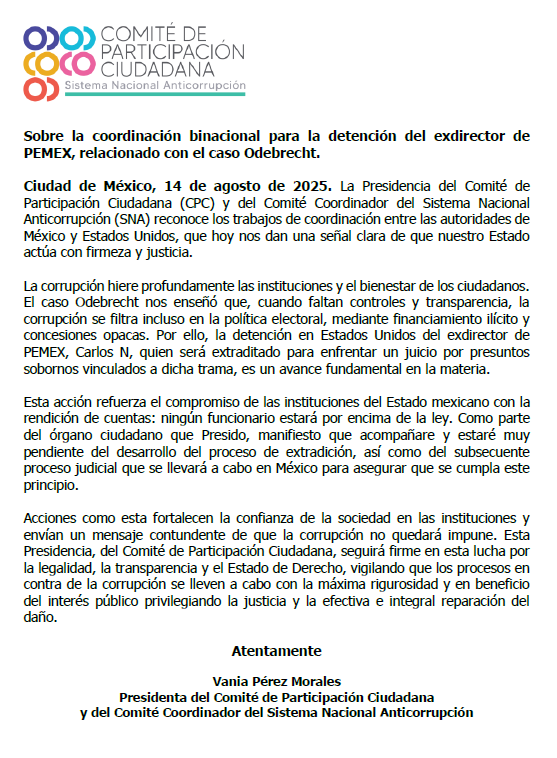 ComiteCPC's tweet photo. #PRONUNCIAMIENTO

@vaniadelbien Presidenta del Comité de Participación Ciudadana del Sistema Nacional Anticorrupción emite el siguiente pronunciamiento respecto de la detención del exdirector de PEMEX.

⬇️ https://t.co/Hdtrz7kxXL