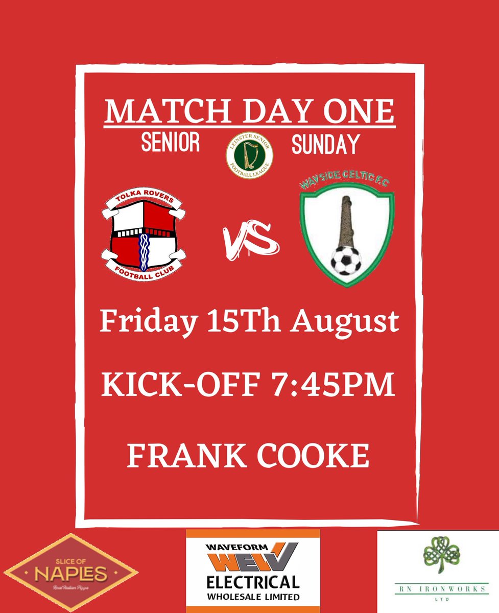 🎯 Opening Night – 2025/26 Season

🔴⚪ Tolka Rovers vs Wayside Celtic
📅 Fri 15Aug | ⏰ 7:45pm | 📍 Frank Cooke
📺 Live: staydiasports.com/live/1628

🍺 Bar open 7pm – €5 pints (5–9pm)

#TolkaRovers #LSL #UpTheReds