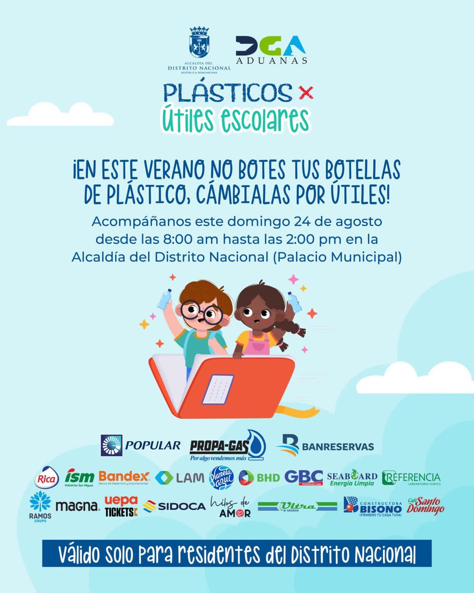 Falta poco para Plásticos por Útiles Escolares. Recuerda: solo participan residentes del DN con cédula que lo confirme.
📅 Domingo 24 de agosto
📍 Palacio Municipal, 8 a.m. – 2 p.m.
#PlásticosXEscolares