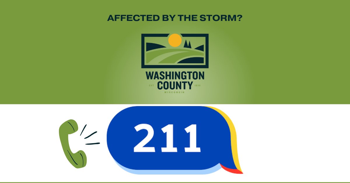 📢 Washington County Residents: If your property was damaged in the recent storms, please call 211 to report it, or use the self-reporting link: 
🔗 211wisconsin.communityos.org/damage-report.  
This does not guarantee reimbursement or payment, but it will help assess your specific situation and