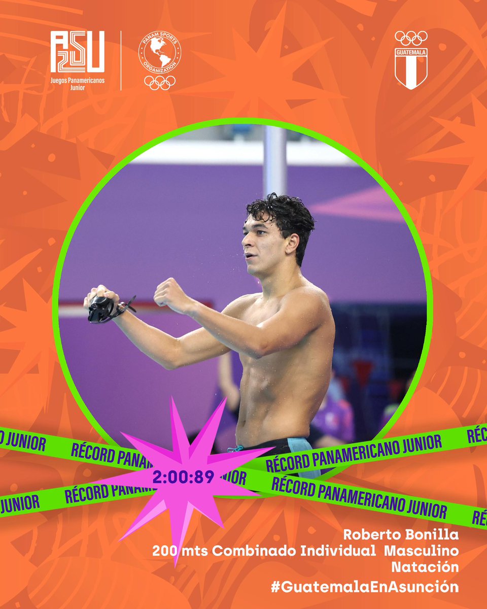 COGuatemalteco's tweet photo. 🏊‍♂️🇬🇹🥇 ¡ENORME ROBERTO! Roberto Bonilla vuelve a brillar en #ASU2025, conquistando la medalla de oro e imponiendo nuevo récord  panamericano junior en los 200m combinados 🔥.

🤩 Tiempo de 2:00.09 para el tritón guatemalteco que con esta victoria, suma su segunda presea dorada en los Juegos, dejando claro que la pasión, la disciplina y el amor por Guatemala son su mejor impulso.
#GuatemalaEnAsunción