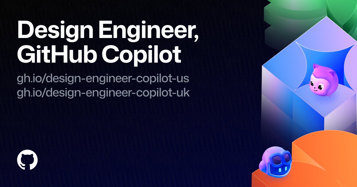 Adrián Mato 🐙 (@adrianmg) on Twitter photo ✨ It me again! I'm hiring a Design Engineer interested in the AI space for our Copilot team. You’ll collaborate with talented colleagues like <a href="/tobiasahlin/">Tobias Ahlin</a>, <a href="/lichinlin/">Lichin Lin</a>, or <a href="/prchdk/">pavel</a> among others!
🇺🇸 gh.io/design-enginee…
🇬🇧 gh.io/design-enginee… ✨ It me again! I'm hiring a Design Engineer interested in the AI space for our Copilot team. You’ll collaborate with talented colleagues like <a href="/tobiasahlin/">Tobias Ahlin</a>, <a href="/lichinlin/">Lichin Lin</a>, or <a href="/prchdk/">pavel</a> among others!
🇺🇸 gh.io/design-enginee…
🇬🇧 gh.io/design-enginee…