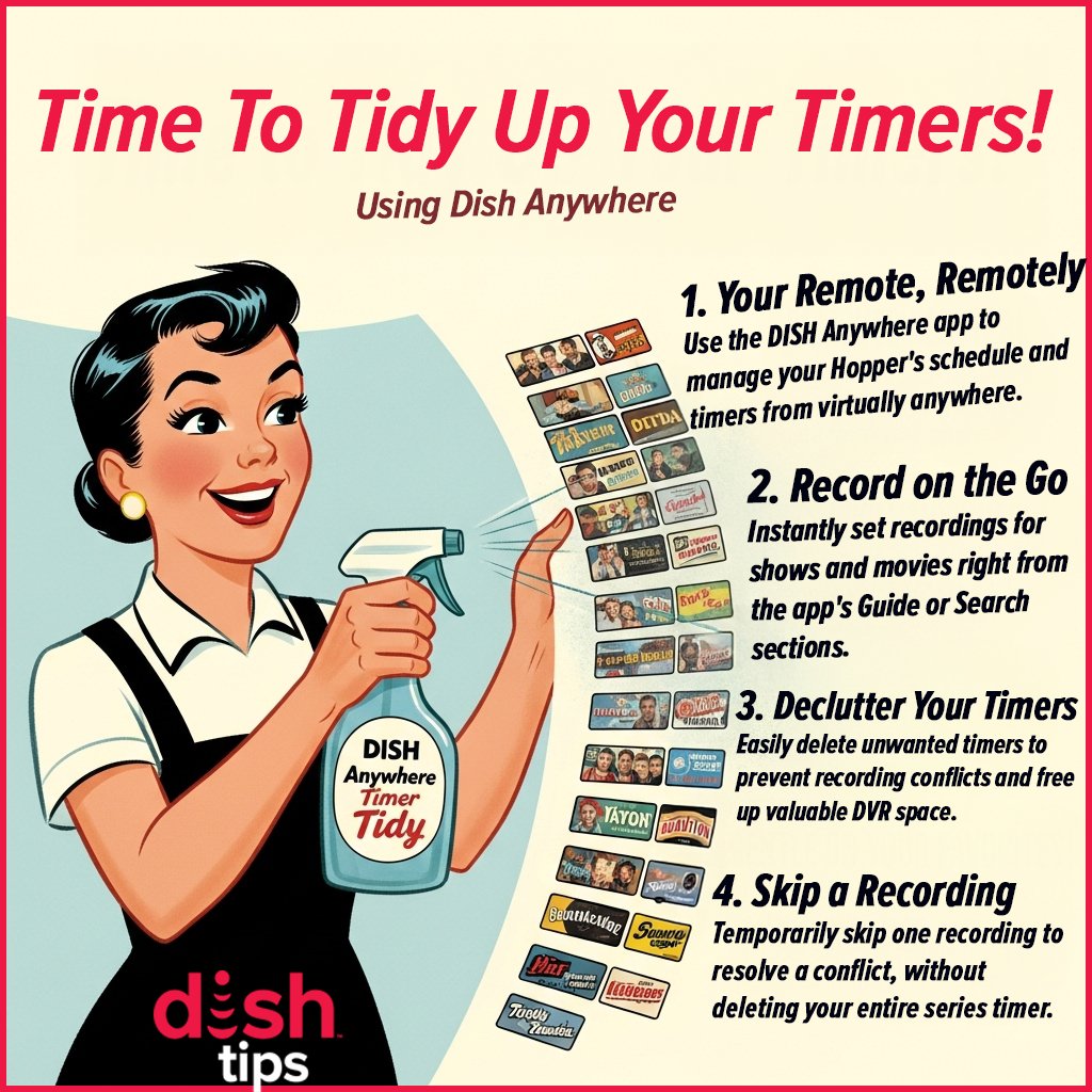 dish_answers's tweet image. Does your DVR schedule spark joy? Time for some spring cleaning on your timer list! ⏰

Check out our tips below to manage recordings and avoid conflicts with the DISH Anywhere app. Hopper w/Sling or Hopper 3 required.

#DISHTips #CustomerSupport #DVR