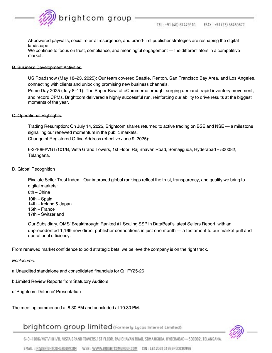 _Investor_Feed_'s tweet image. 🚀 Brightcom Group Expands into Defence Tech &amp;amp; Reports Strong Q1 Growth | MCap 3,057.15 Cr

- Brightcom Defence division launched, focusing on AI-powered UAVs &amp;amp; real-time threat detection.
- Group restructured into 4 divisions: Advertising, Software Services, Defence, and