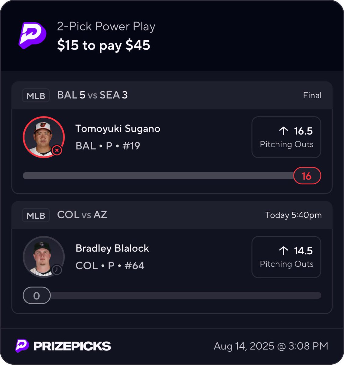 ⁦<a href="/PrizePicks/">PrizePicks</a>⁩ Would sincerely appreciate a reboot after Sugano goes for an easy 5 1/3 and then 3+ hour rain delay causes him to get pulled only one out away 🙏🙏