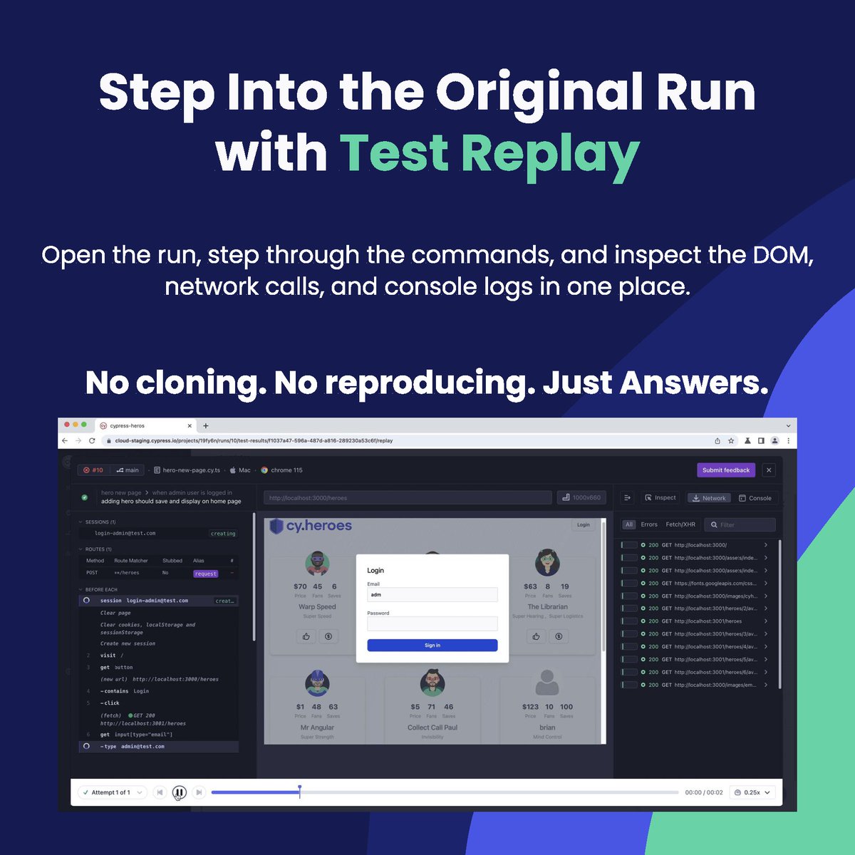 Cypress_io's tweet image. ❌ Reviewing a failed test... It only happens in CI. You pull the branch locally, run it again, and it’s green. ✅

With Cypress Cloud, you can open the run, step through each command in Test Replay, and inspect the DOM, network calls, and console logs: cypress.io/cloud?utm_sour…