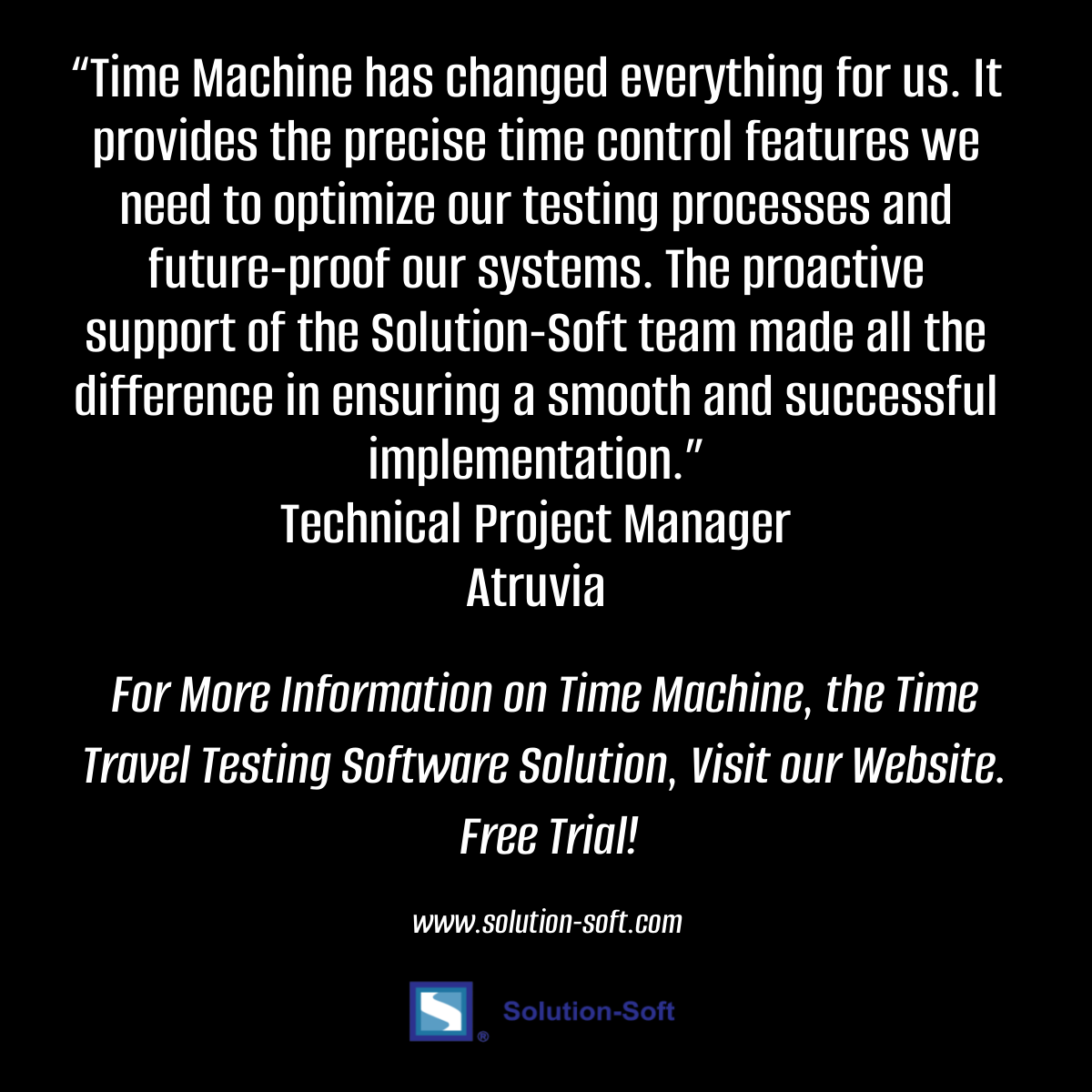 SolutionSoftTM's tweet image. Another testimonial from a satisfied Time Machine user! To read more testimonials and to learn what Time Machine, the time travel testing software solution can do for you, visit our website solution-soft.com/product-overvi… #timetraveltesting #containerization #cloudmigration #automation