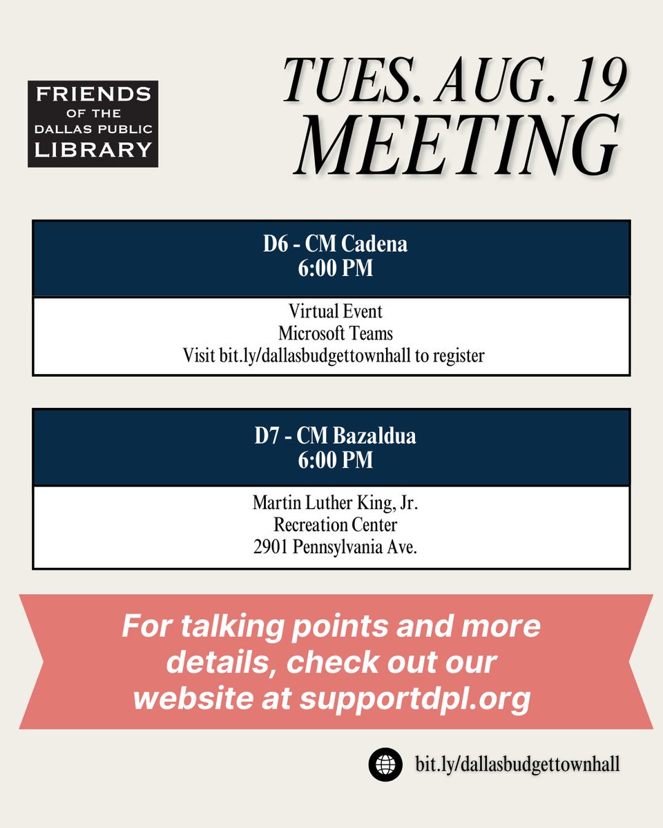 FODPL's tweet image. Libraries need you! 📚
From Aug. 14–28, Dallas leaders are deciding our city’s budget. Let’s make sure libraries get the funding they deserve.
🗓 Swipe for dates &amp;amp; locations
🗣 Show up. Speak up. Stand up for Dallas Public Libraries.
#DallasLibraries #LibraryAdvocacy #DallasTX