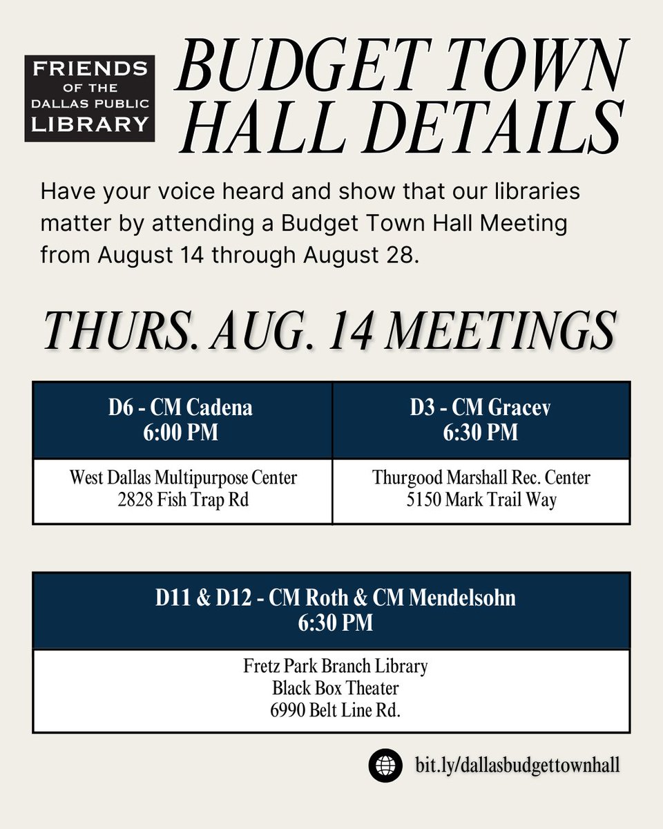 FODPL's tweet image. Libraries need you! 📚
From Aug. 14–28, Dallas leaders are deciding our city’s budget. Let’s make sure libraries get the funding they deserve.
🗓 Swipe for dates &amp;amp; locations
🗣 Show up. Speak up. Stand up for Dallas Public Libraries.
#DallasLibraries #LibraryAdvocacy #DallasTX