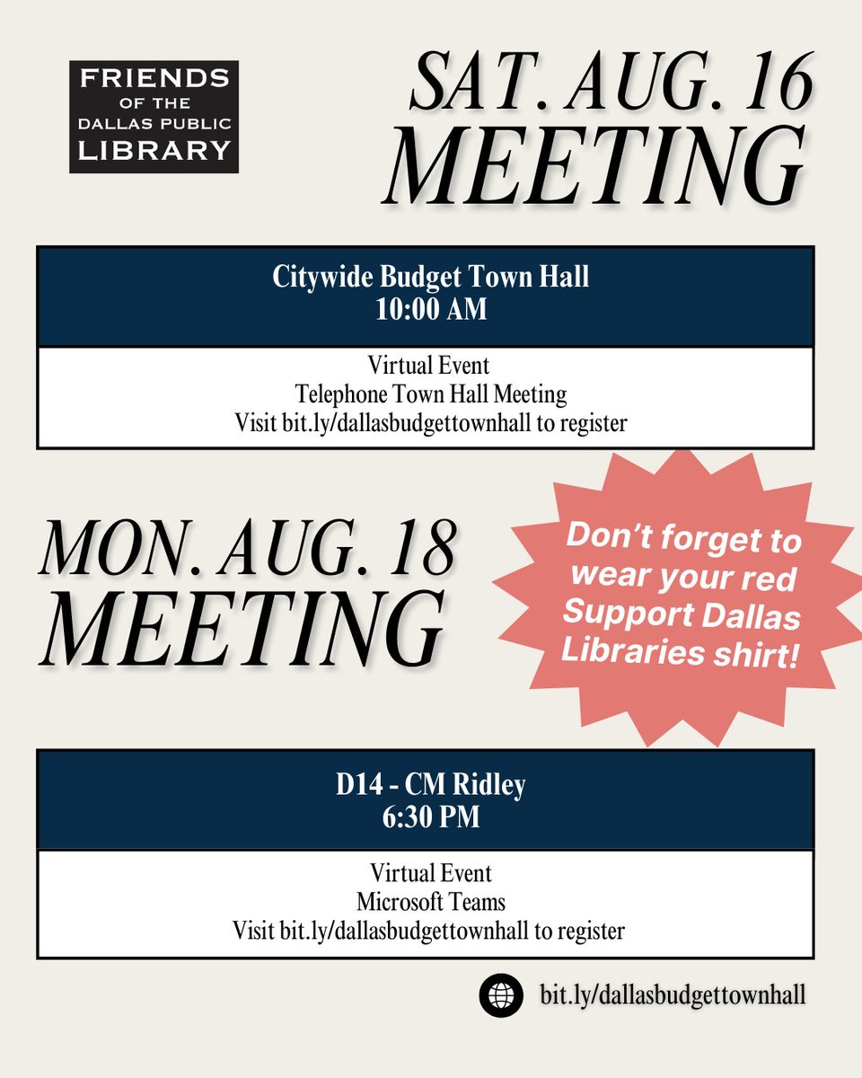 FODPL's tweet image. Libraries need you! 📚
From Aug. 14–28, Dallas leaders are deciding our city’s budget. Let’s make sure libraries get the funding they deserve.
🗓 Swipe for dates &amp;amp; locations
🗣 Show up. Speak up. Stand up for Dallas Public Libraries.
#DallasLibraries #LibraryAdvocacy #DallasTX