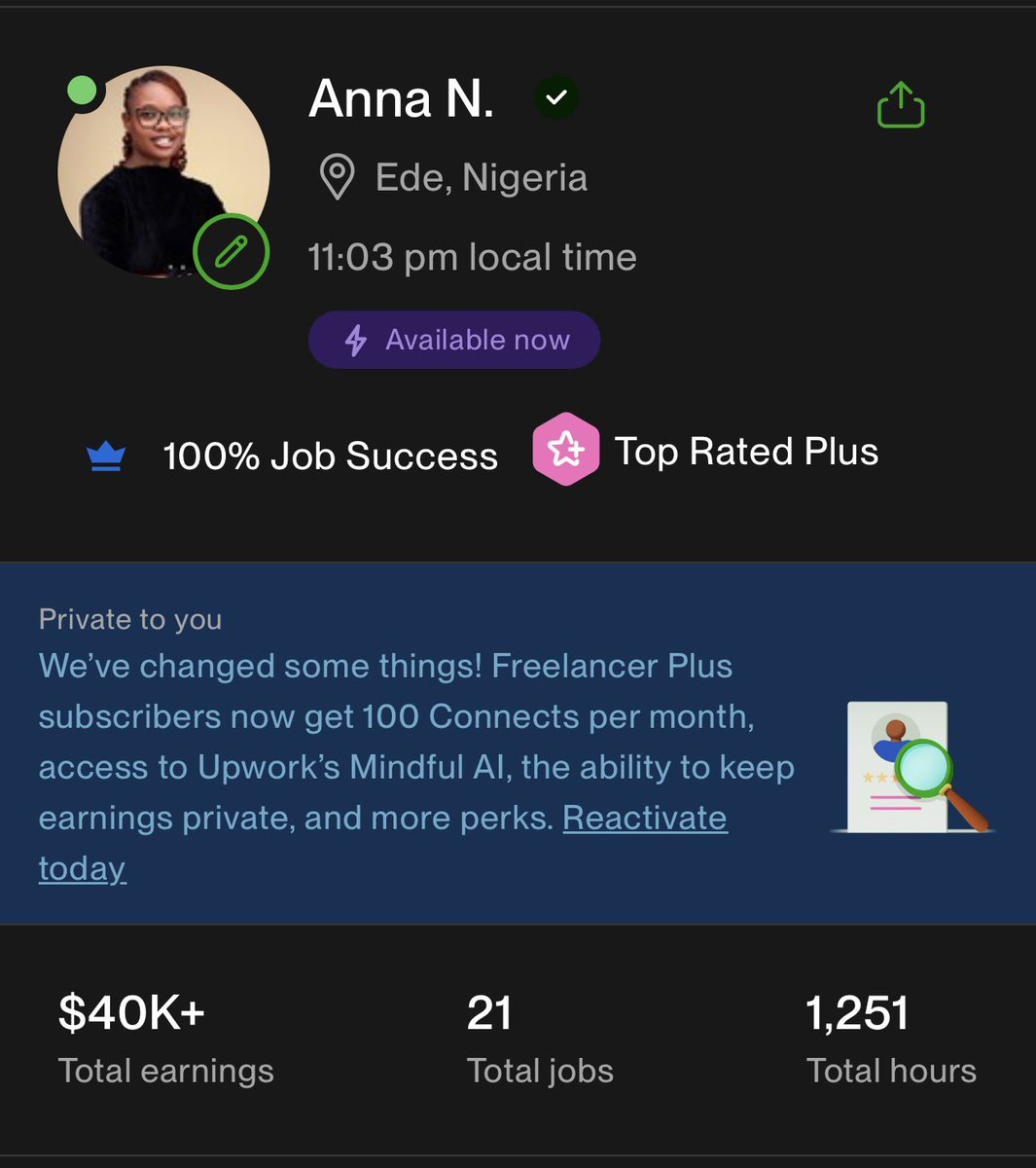 anna_nwaefulu's tweet photo. $40k+ earned on Upwork.
No luck. Just skill, consistency, and results. πΌπ
#UpworkSuccess #FreelanceLife https://t.co/A87NKPGT3R