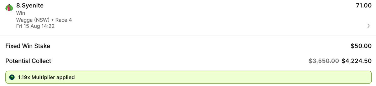 Tried to have $200 on but let me on for $50 but realistically a place chance from the draw.