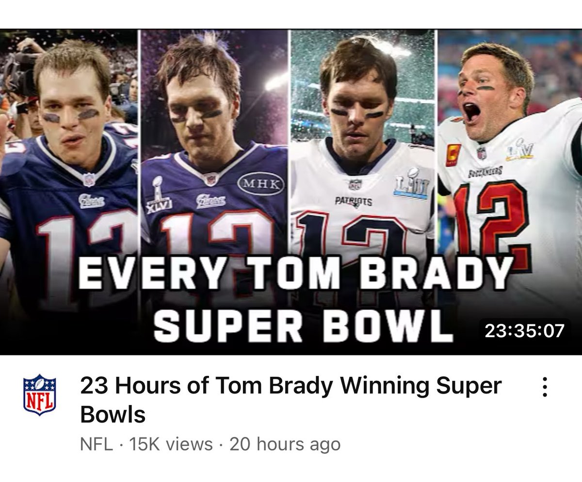 MLFootball's tweet photo. THE #NFL REALLY POSTED A 23-HOUR VIDEO OF TOM BRADY WINNING SUPER BOWLS.

A 23-hour video.

😱😱😱 https://t.co/ETUqfecmgM